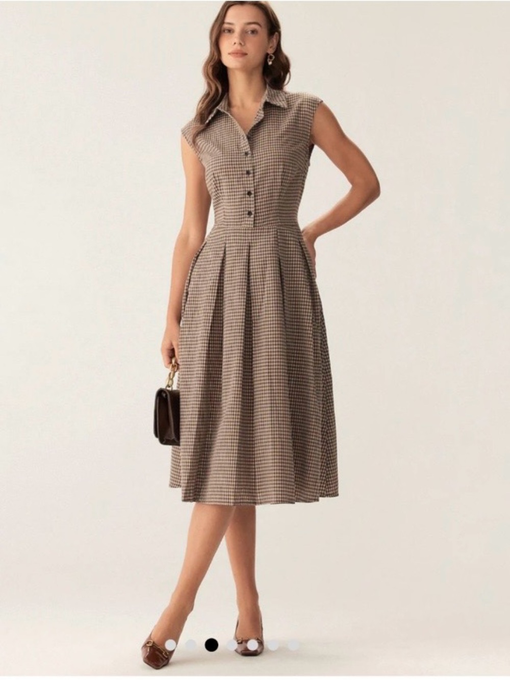 RIHOAS Brown Plaid Button Pleated Midi Dress Size S NWT Gingham Academia Vintage - Picture 3 of 8
